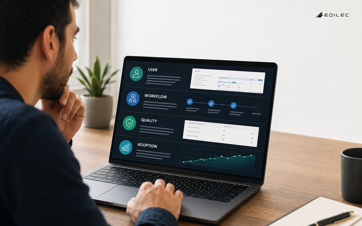 A product engineer reviews user, workflow, quality and adoption sections on a laptop dashboard.