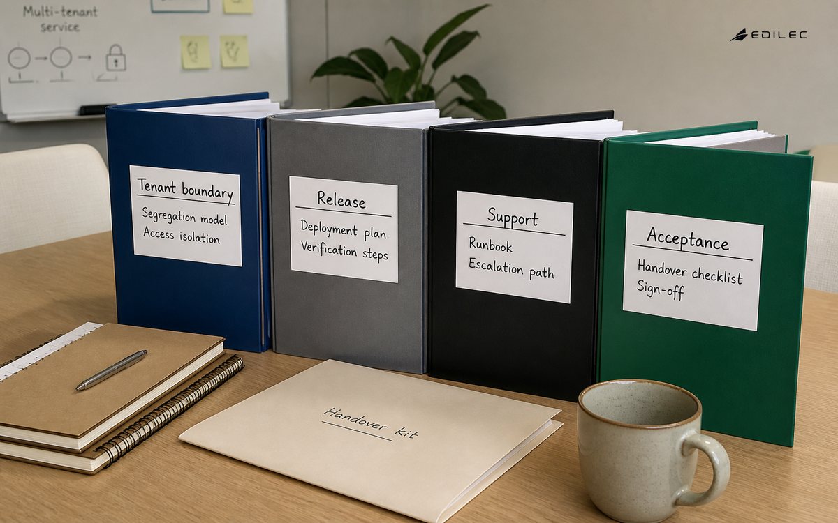 Tactile medium photograph of a product engineering handover kit with separate tenant-boundary, release, support and acceptance folders on a meeting bench.