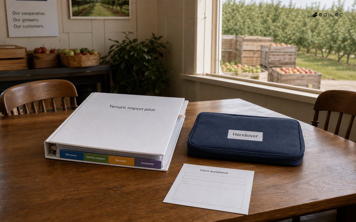 A cooperative's project table pairs tenant-import pilot evidence with a client handover kit.