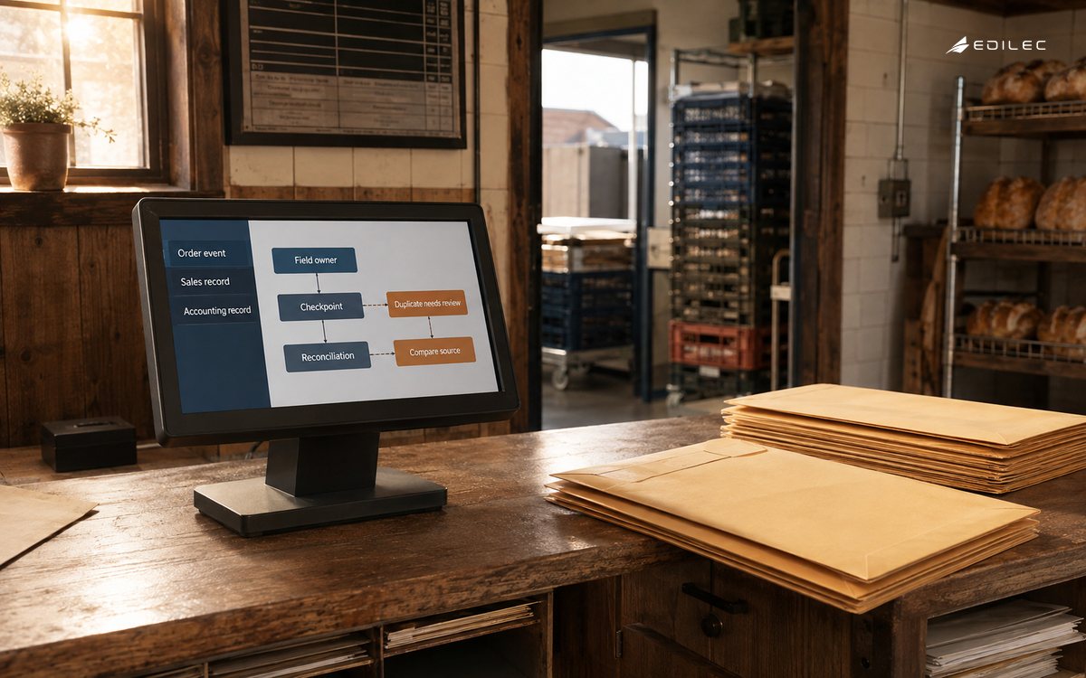 A bakery order office reviews a duplicate event across sales and accounting records.