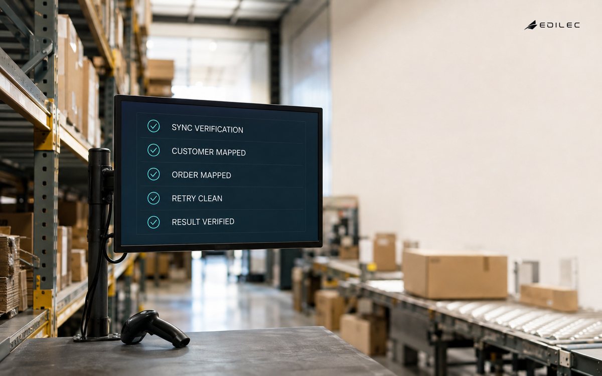 SaaS integration verification screen in a warehouse showing customer and order mappings, retry and result checks.