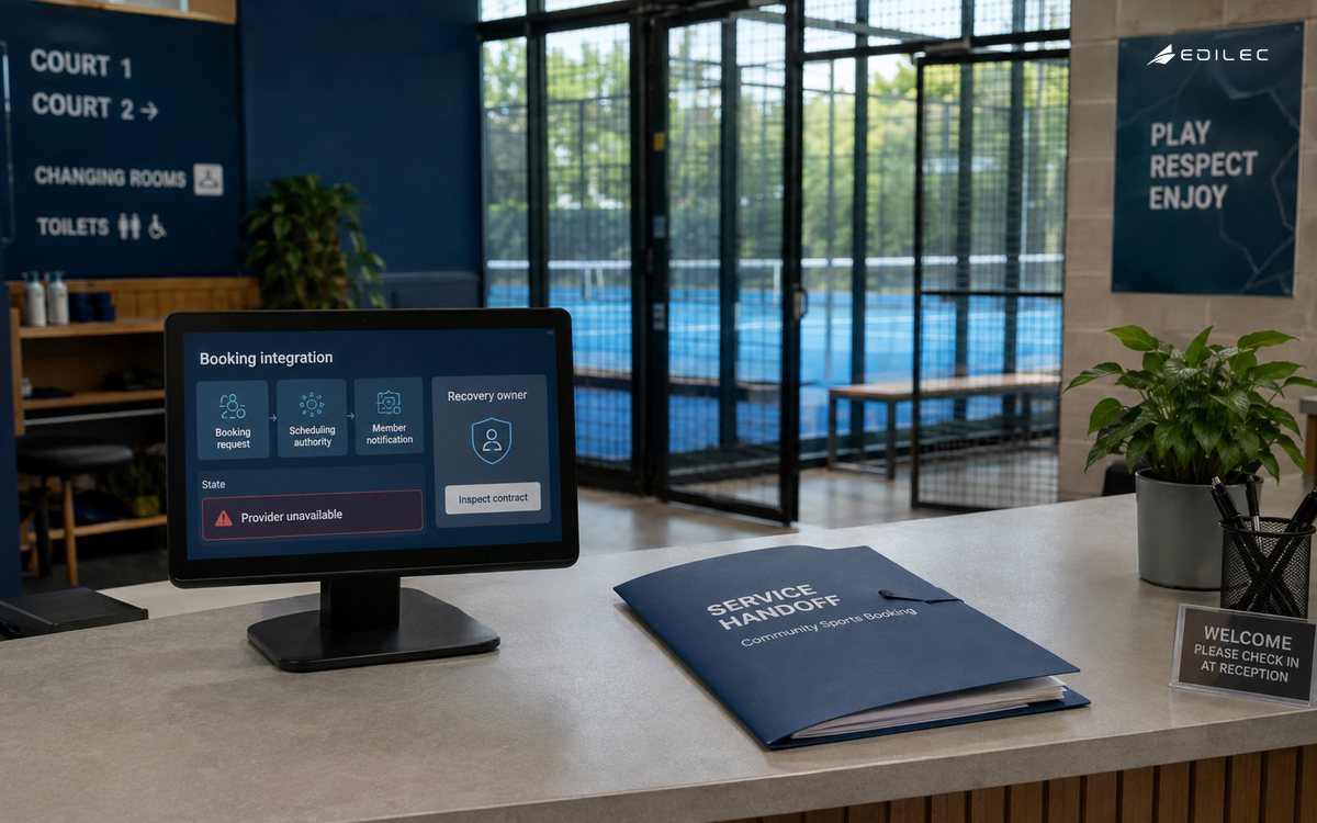 A sports booking reception shows an integration awaiting its provider and recovery owner.