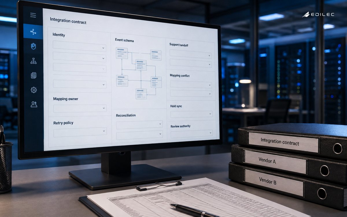 An enterprise integration screen holds synchronization while mapping authority is reviewed.