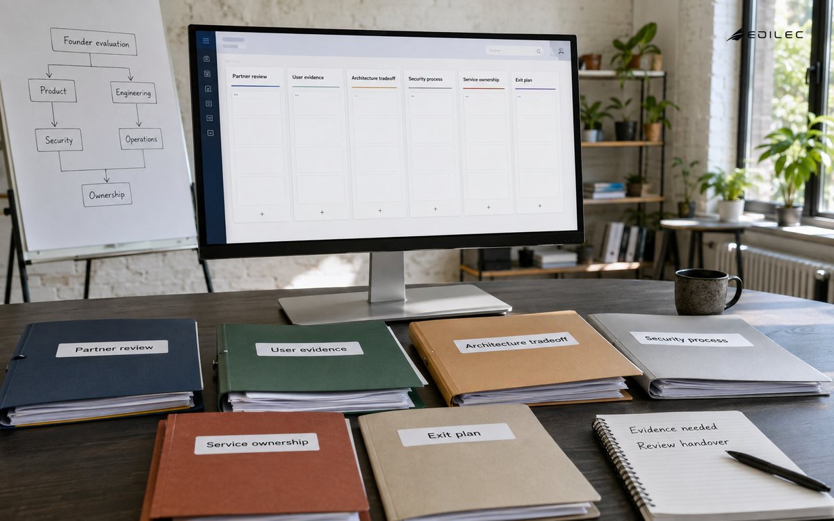 A founder workshop evaluates a development partner through service and ownership evidence.