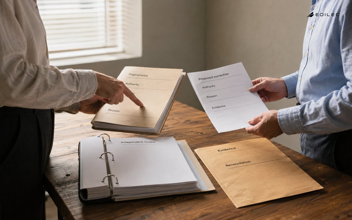Reviewers keep an original ledger entry separate from a proposed correction and its independent review.