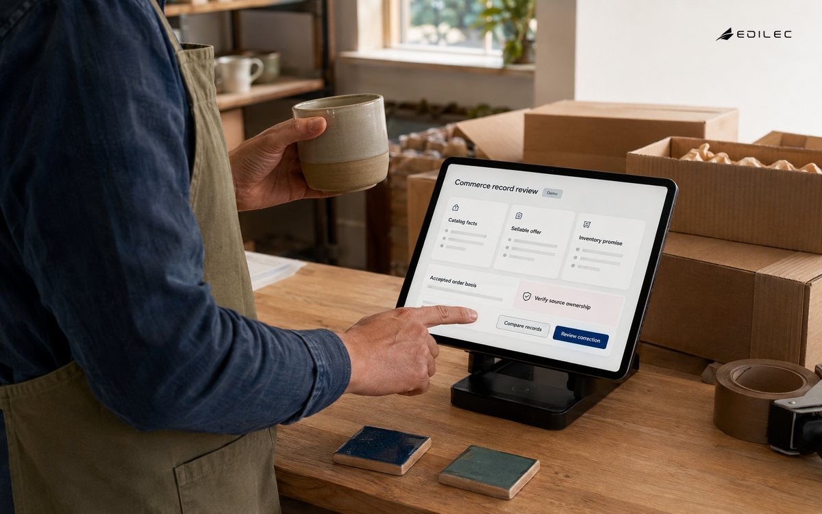 A worker compares a ceramic product with separate catalog, offer and inventory records on a tablet.