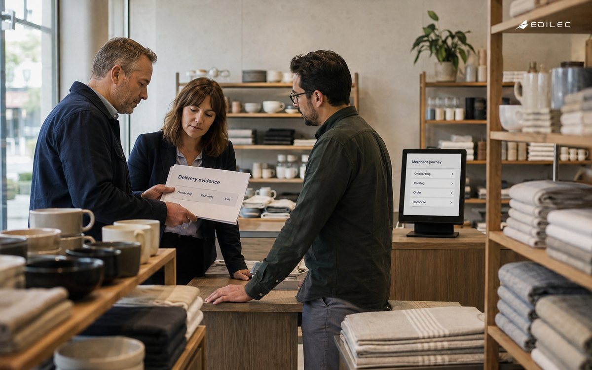 A merchant and delivery specialists review ownership and recovery evidence in a homeware showroom.