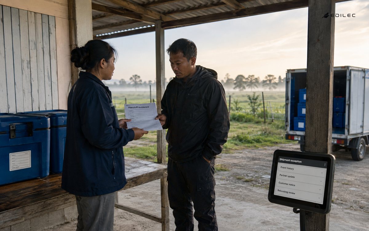Cold-chain coordinators review handoff evidence beside a shipment exception terminal.