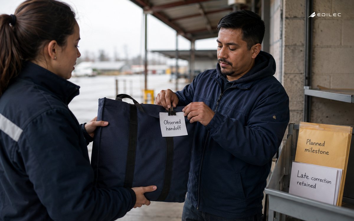 Two workers rehearse a tote handoff with an observed-event slip kept separate from planned milestones.