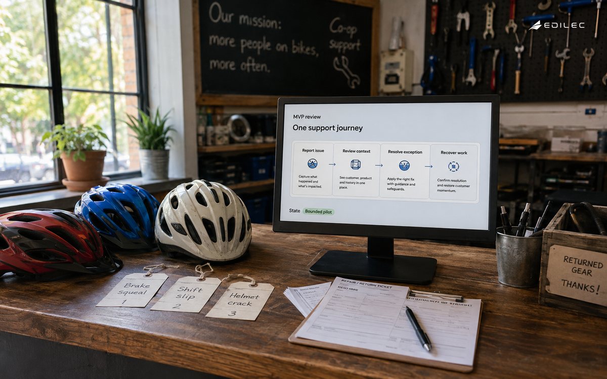 Wide photo of a bicycle cooperative support counter with returned helmets, repair tickets and a small opaque supported terminal.