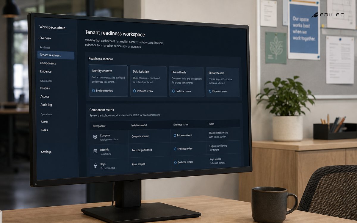 Detailed opaque monitor on a weighted stand in a community workspace administration nook.