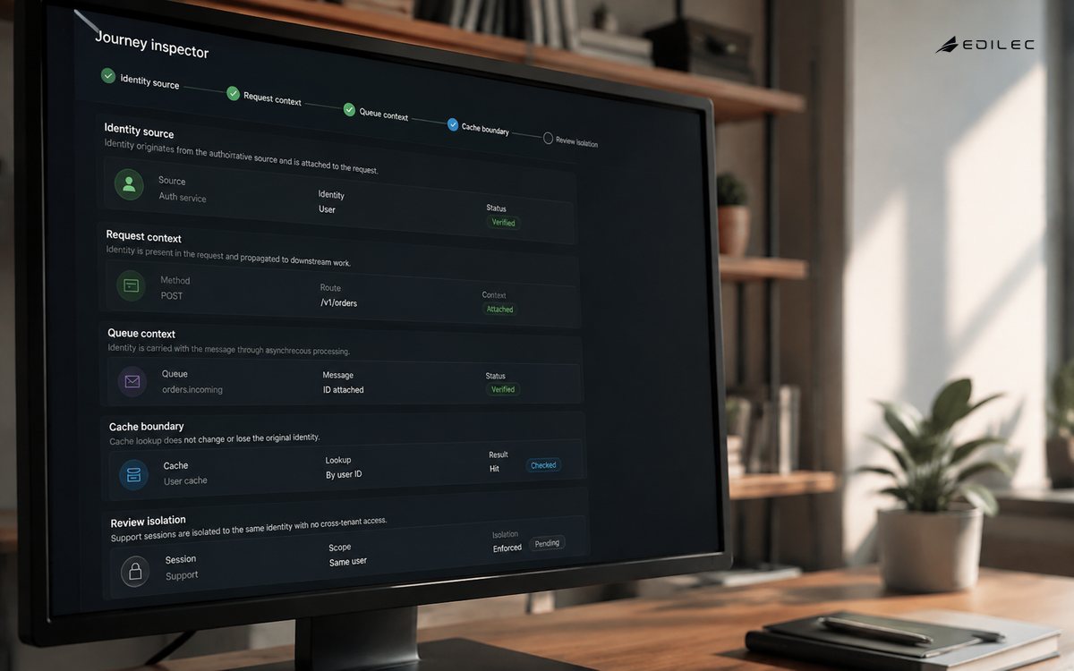 A tenant-context inspector traces identity through a request and background work.