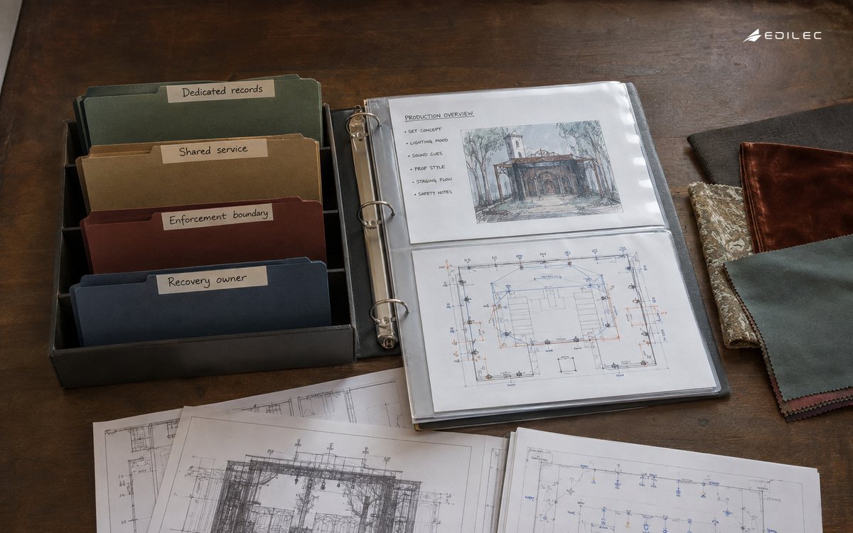 Overhead photo on a theatre production planning table: separate labelled project folders in individual slots beside a clearly shared common-reference binder.