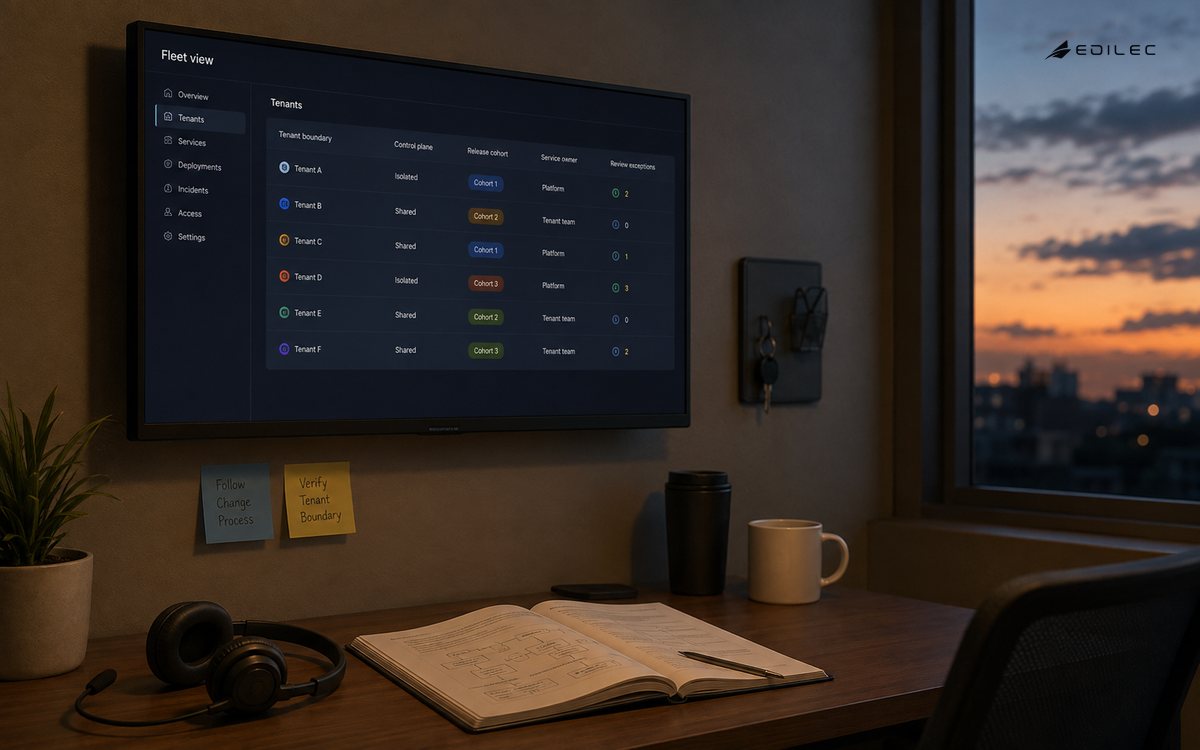 A fleet-operations view keeps tenant boundaries and change ownership visible.