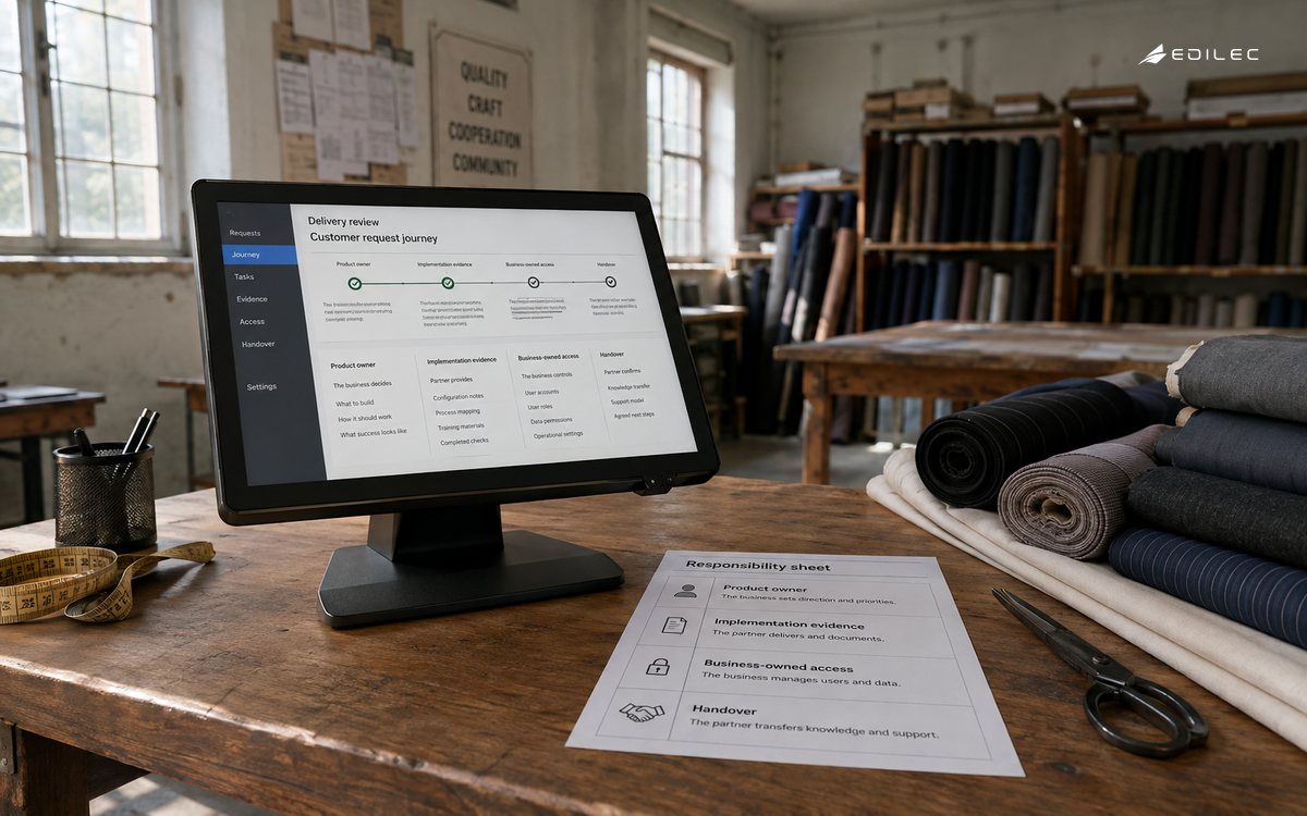 Wide photo of a tailoring cooperative product planning area with fabric rolls, a modest opaque terminal and a responsibility sheet.