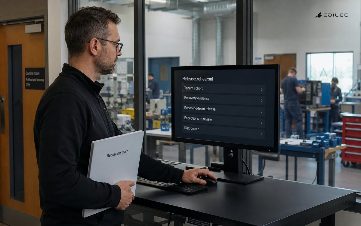 A standing engineer rehearses a release with receiving-team records and unresolved acceptance checks.