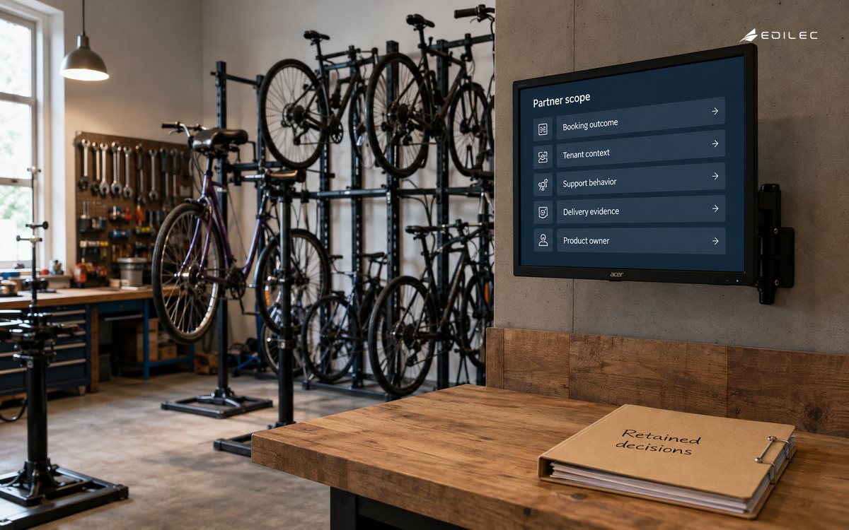 A bicycle-service workspace frames a SaaS partner discussion around booking outcomes and retained product decisions.