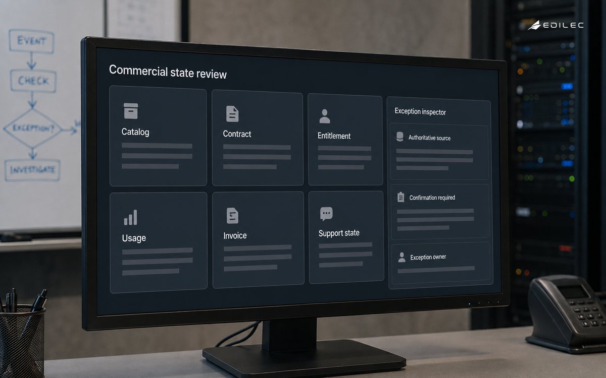 A software review separates SaaS catalog, contract, entitlement, usage, invoice and support state.