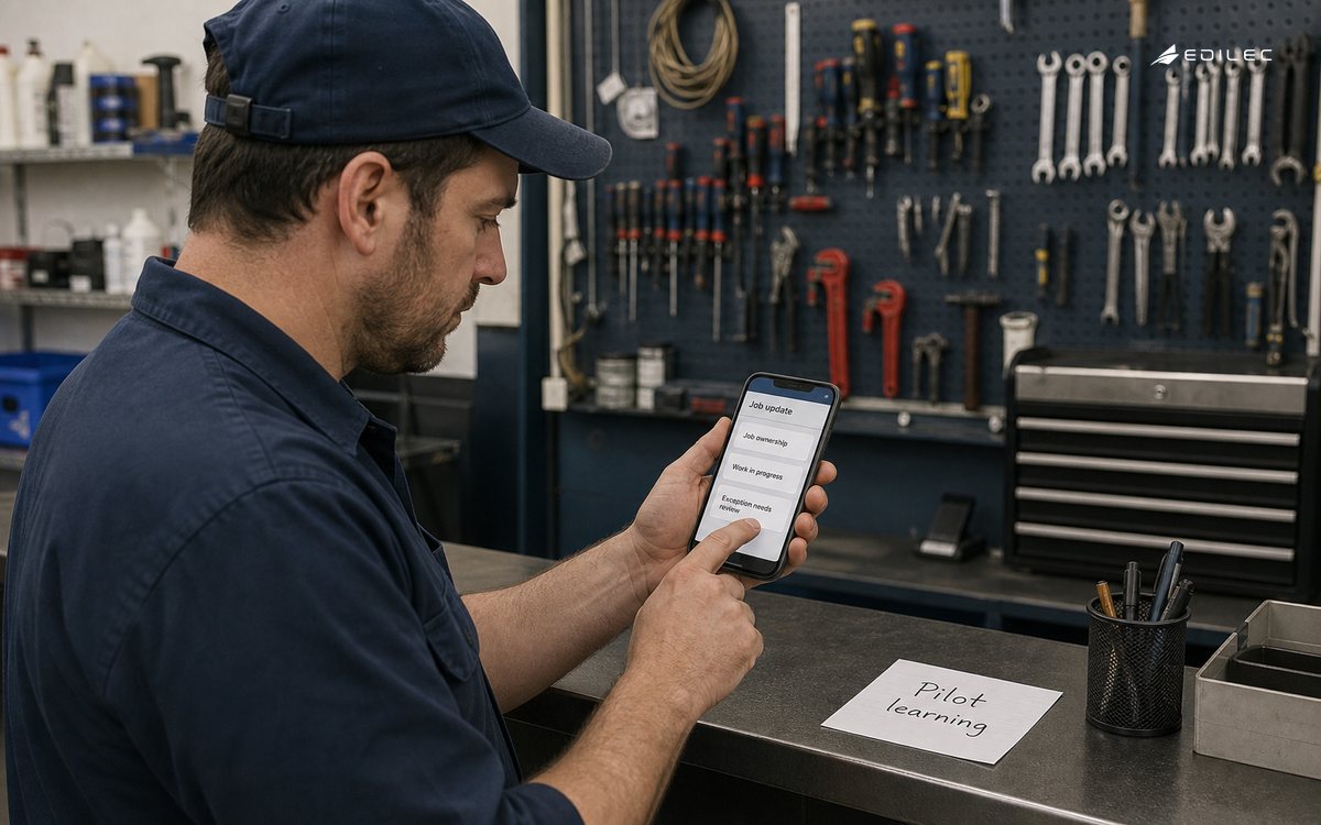 A maintenance technician updates job status during a bounded SaaS pilot.