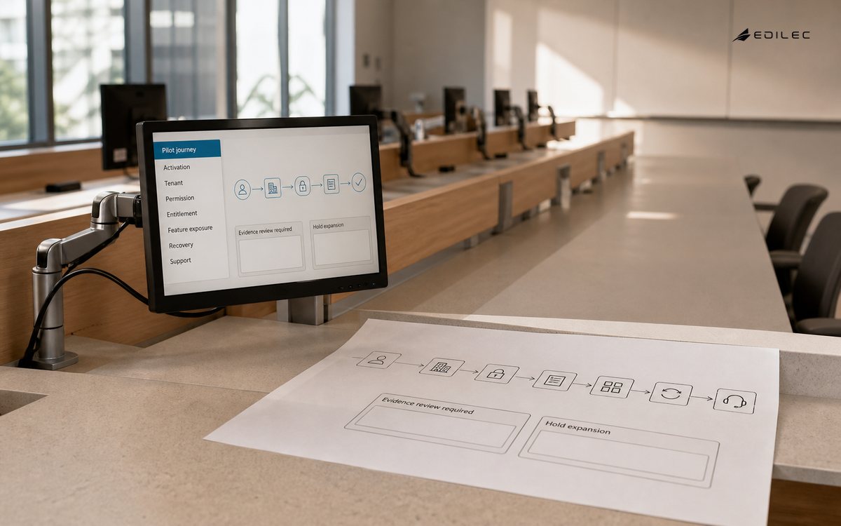 An onboarding test room links a pilot journey to access boundaries and operating evidence.