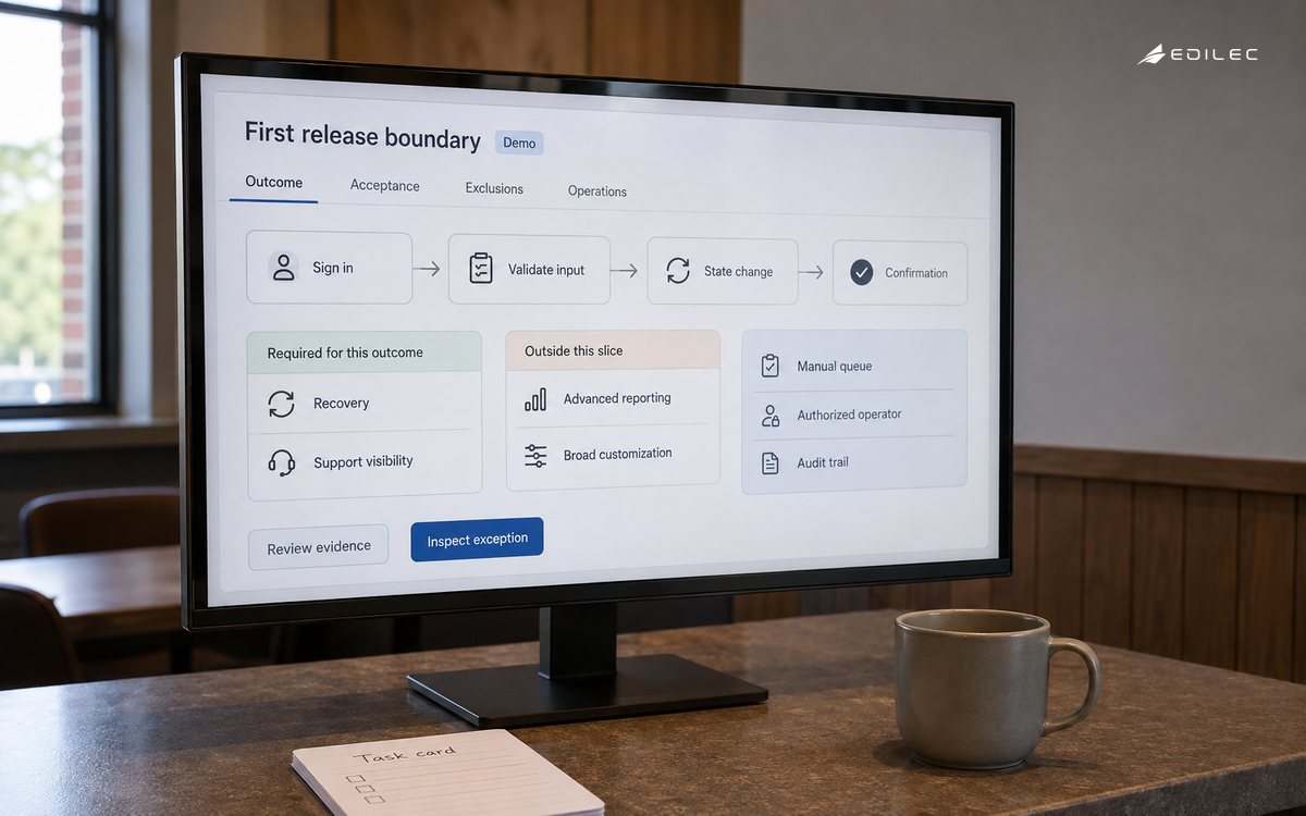 A SaaS pilot screen places required outcome, exclusions and operating controls in one release boundary.