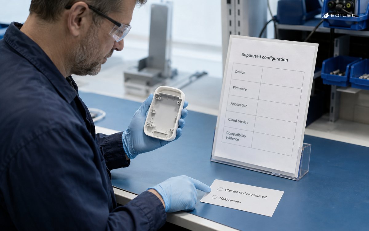 An engineer compares a sample enclosure with an unfilled configuration review sheet.