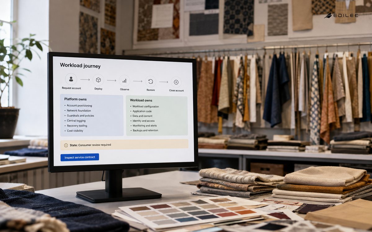 A textile studio reviews a platform service journey from account request through operation and closure.
