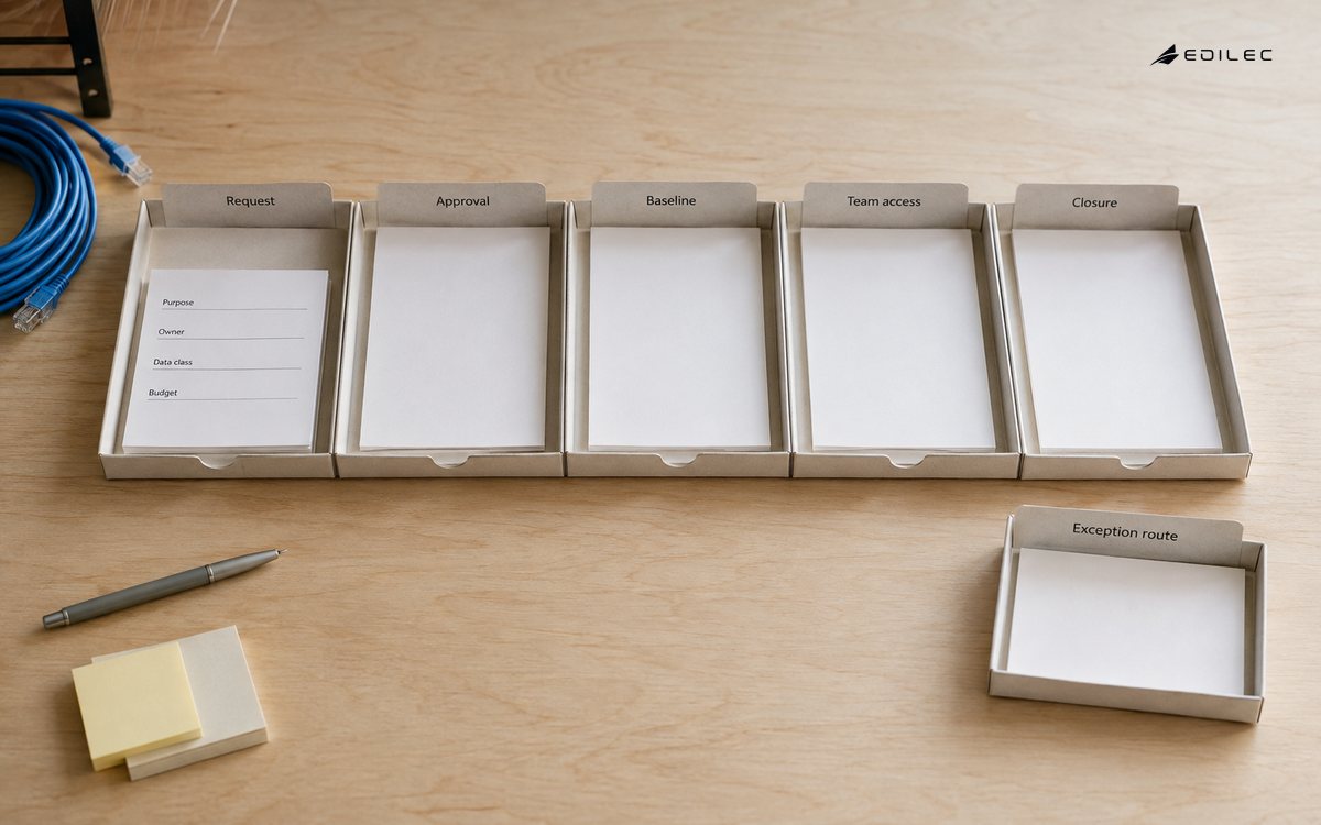 Physical planning trays show a governed platform account lifecycle and exception route.