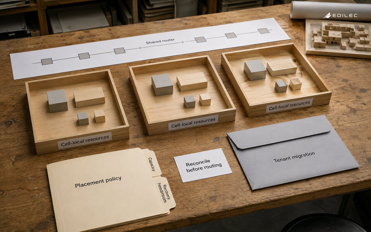 Repeatable wooden cell models sit below a shared routing strip beside placement and tenant-migration records.