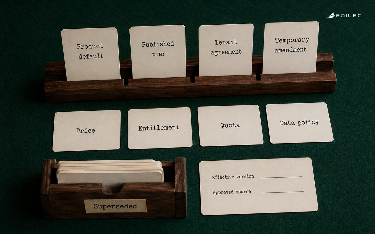 Physical term cards show contract configuration precedence, typed categories and superseded history.