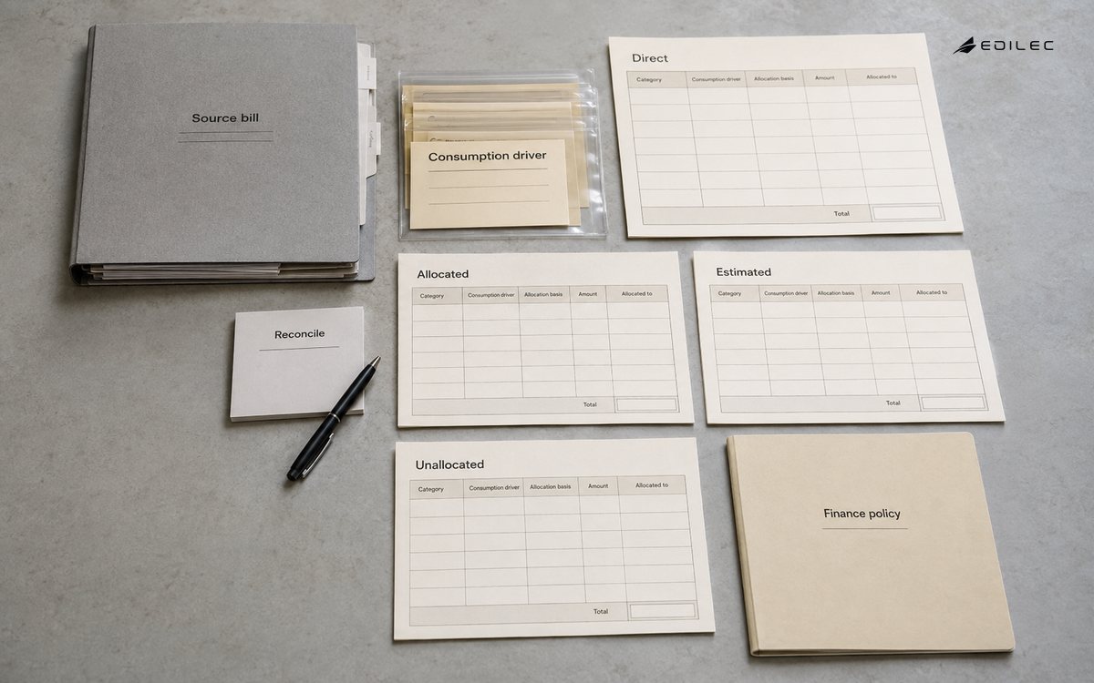 Cost and consumption records meet a reconciliation review with allocation uncertainty kept visible.