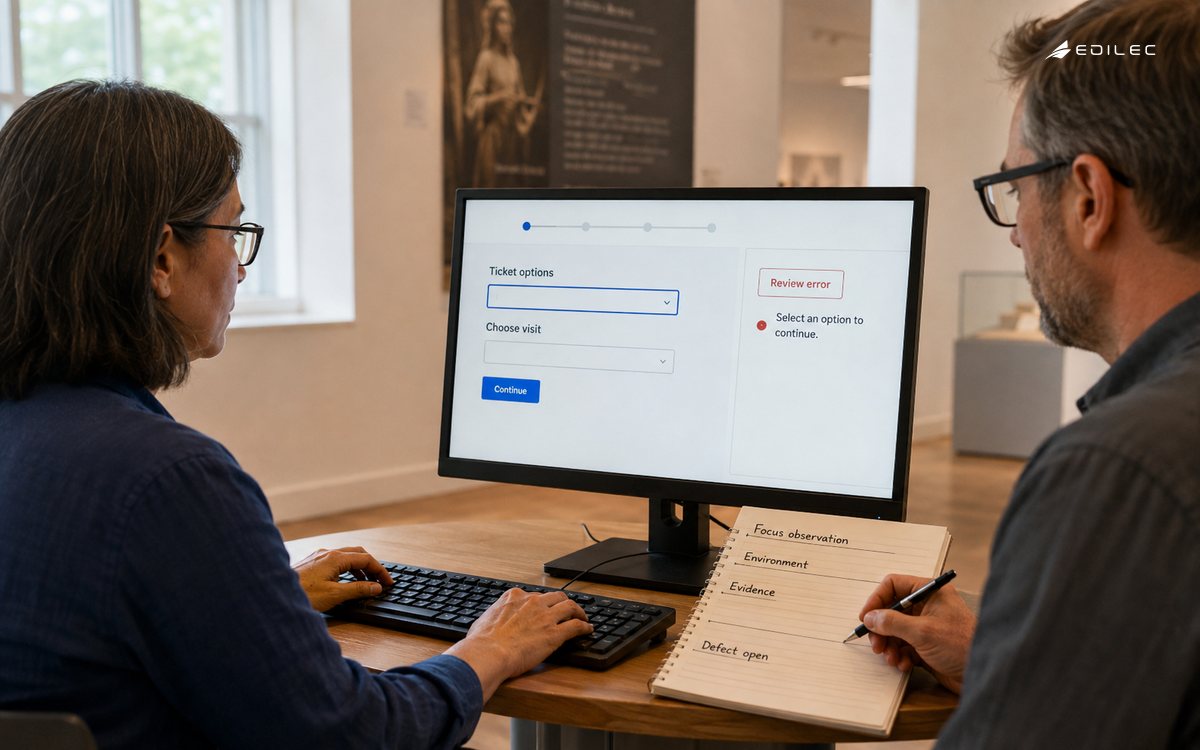 An accessibility reviewer tests a museum ticketing form using a physical keyboard while another reviewer records an unresolved focus-order observation.
