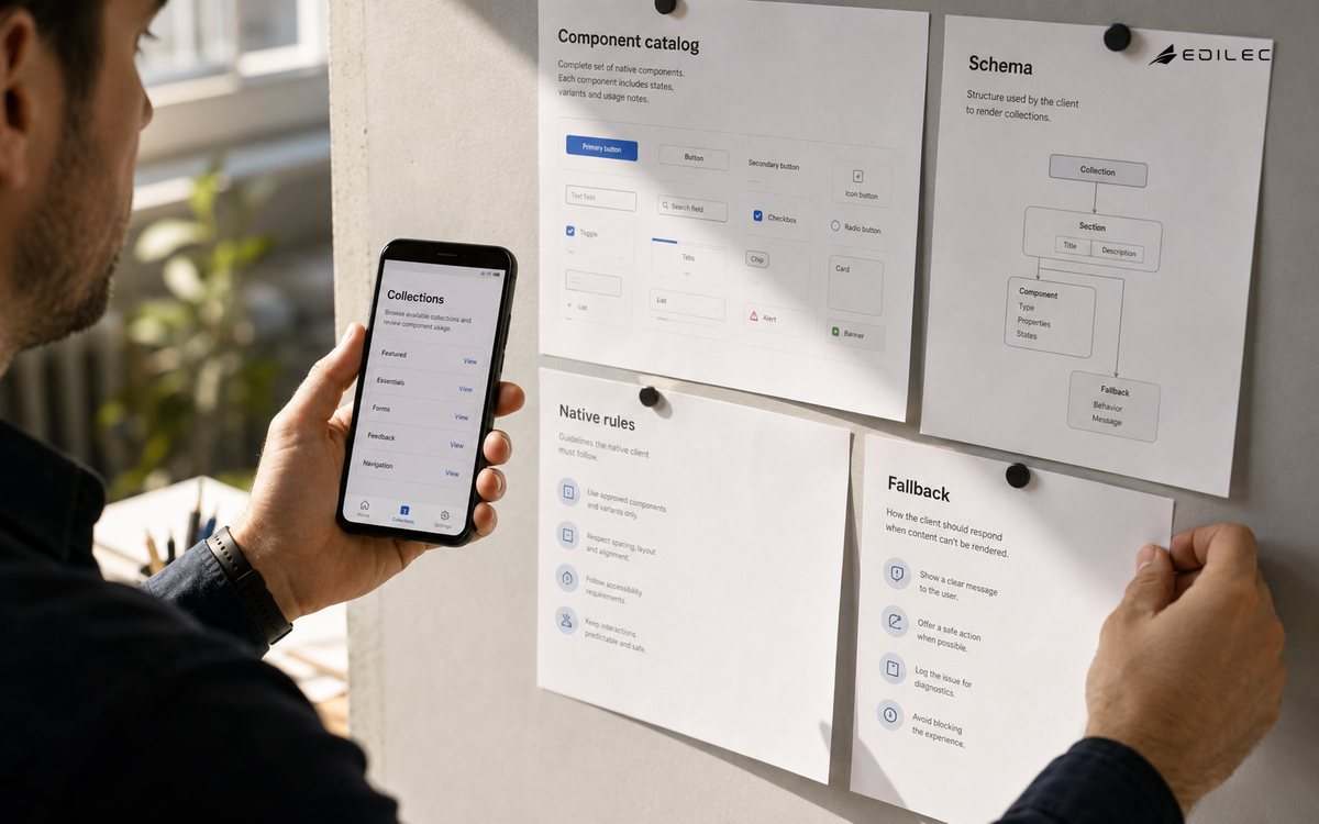 A designer compares a mobile collection screen with an approved component catalog.