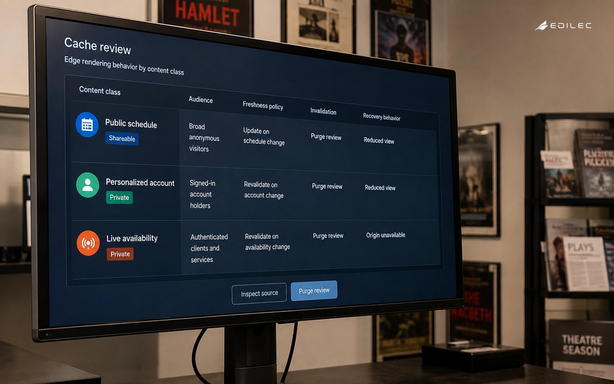 A detailed cache review interface on a mounted LCD in an independent theatre web office.