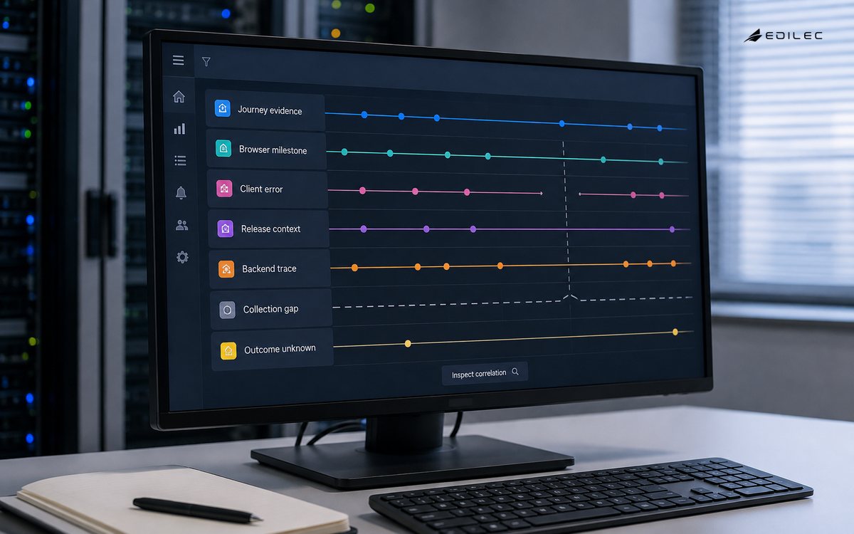 A journey review shows a telemetry gap between browser milestones and backend evidence.