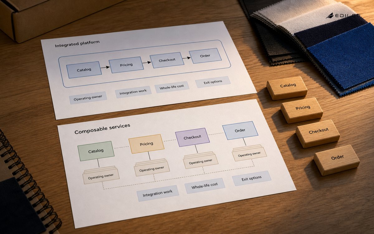 A sports retailer planning table has two paper capability maps and wooden service blocks beside product swatches.