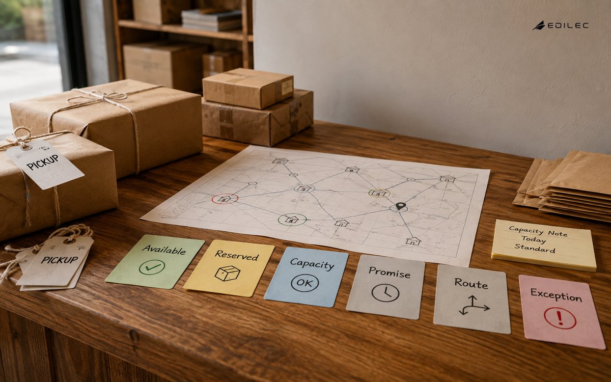 Small parcels, pickup tags and a paper routing board at a boutique dispatch counter.