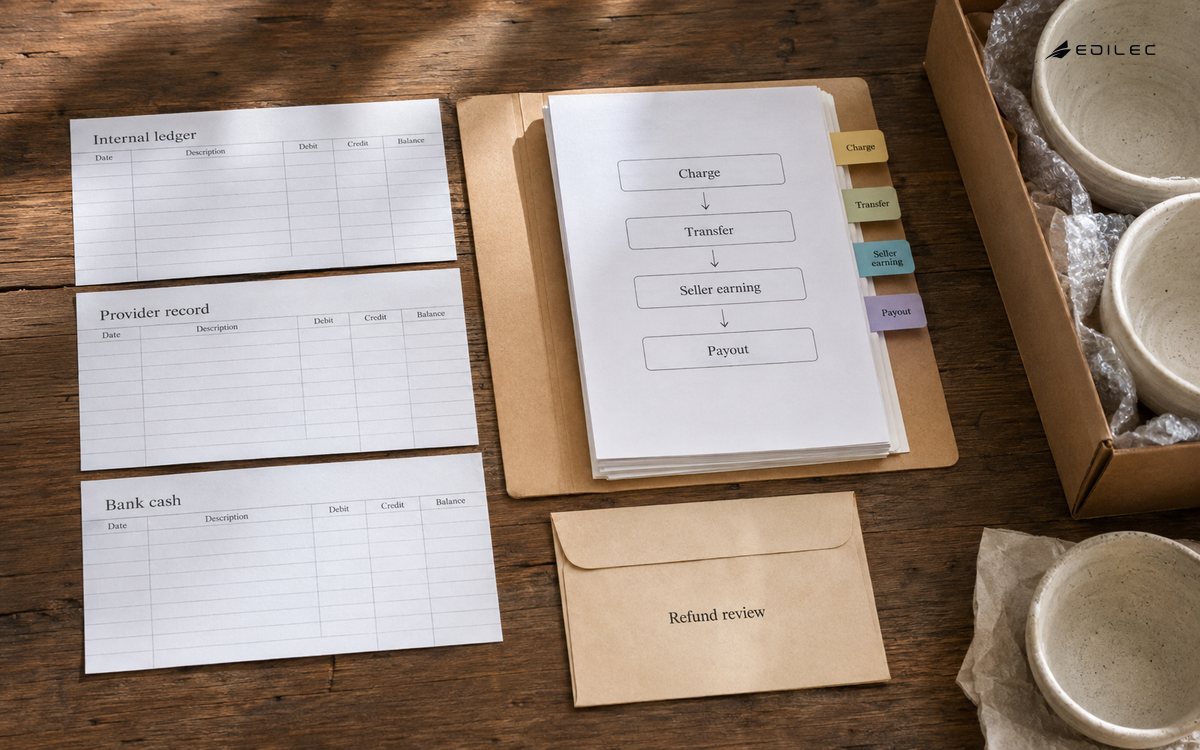 Separate ledgers and payment-lifecycle tabs prepare a marketplace reconciliation review.