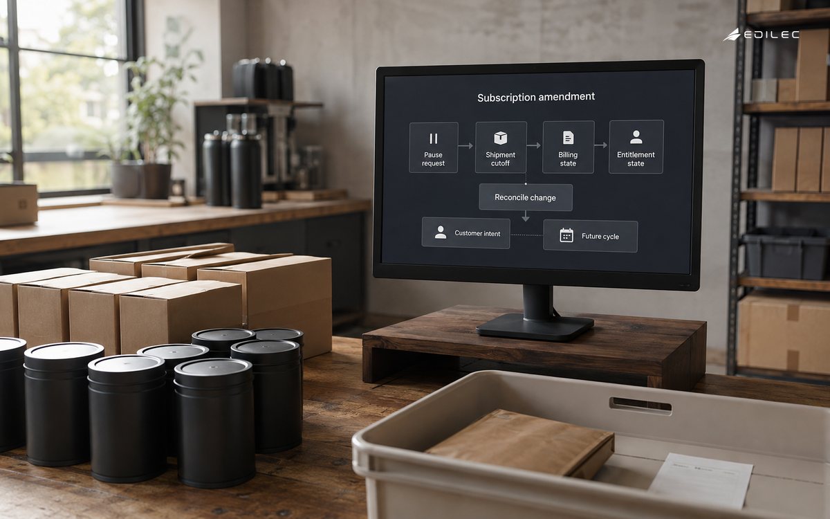 A subscription packing workspace separates a pause request from shipment, billing and entitlement state.