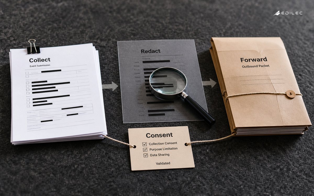 An inbound paper event form, a redaction review overlay and a separate outbound packet on a dark felt table.
