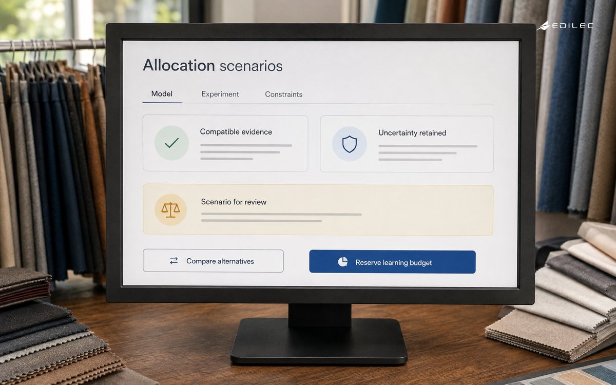 A marketing interface reviews compatible experimental evidence and uncertainty before choosing an allocation scenario.