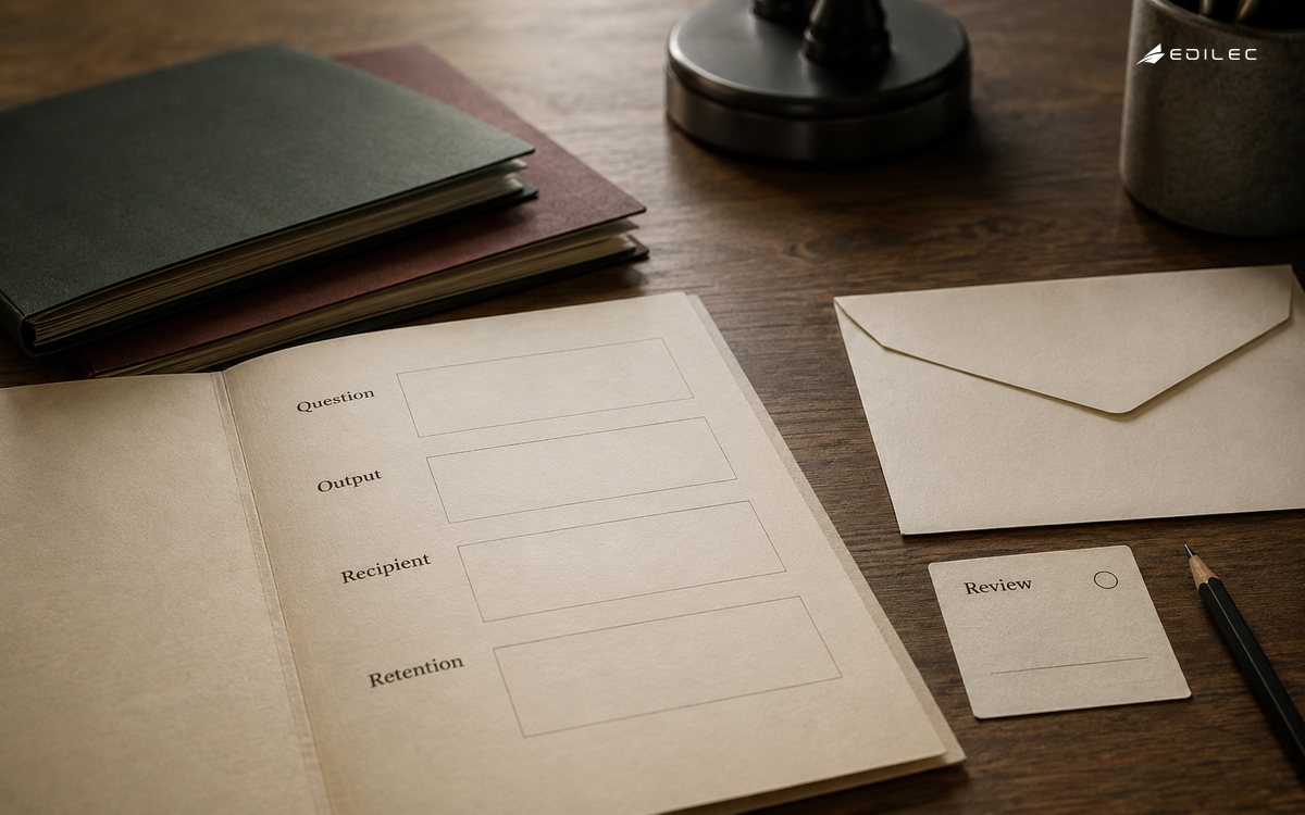 A question contract groups output, recipient and retention review fields.