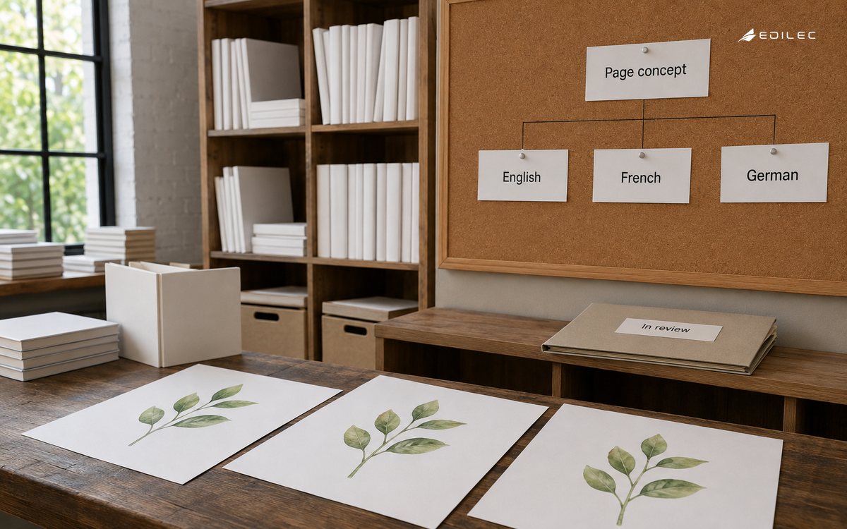 A localization studio groups equivalent language proofs while keeping an in-review folder separate.