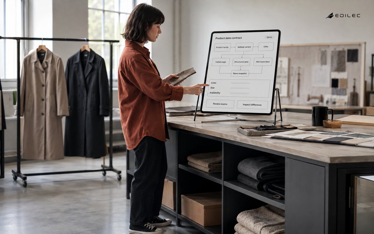 A standing product specialist compares a coat sample with the product, variant and offer contract shared by sales channels.