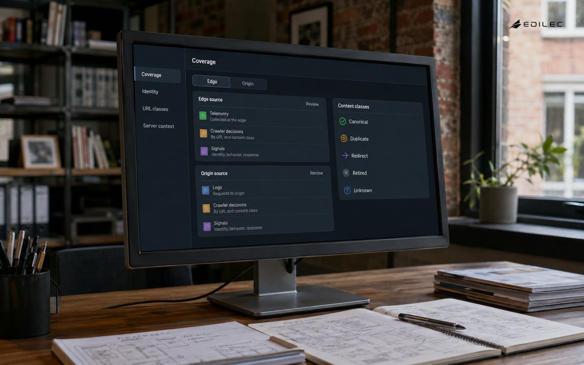 A publishing studio monitor organizes crawler identity, URL classes and server evidence.