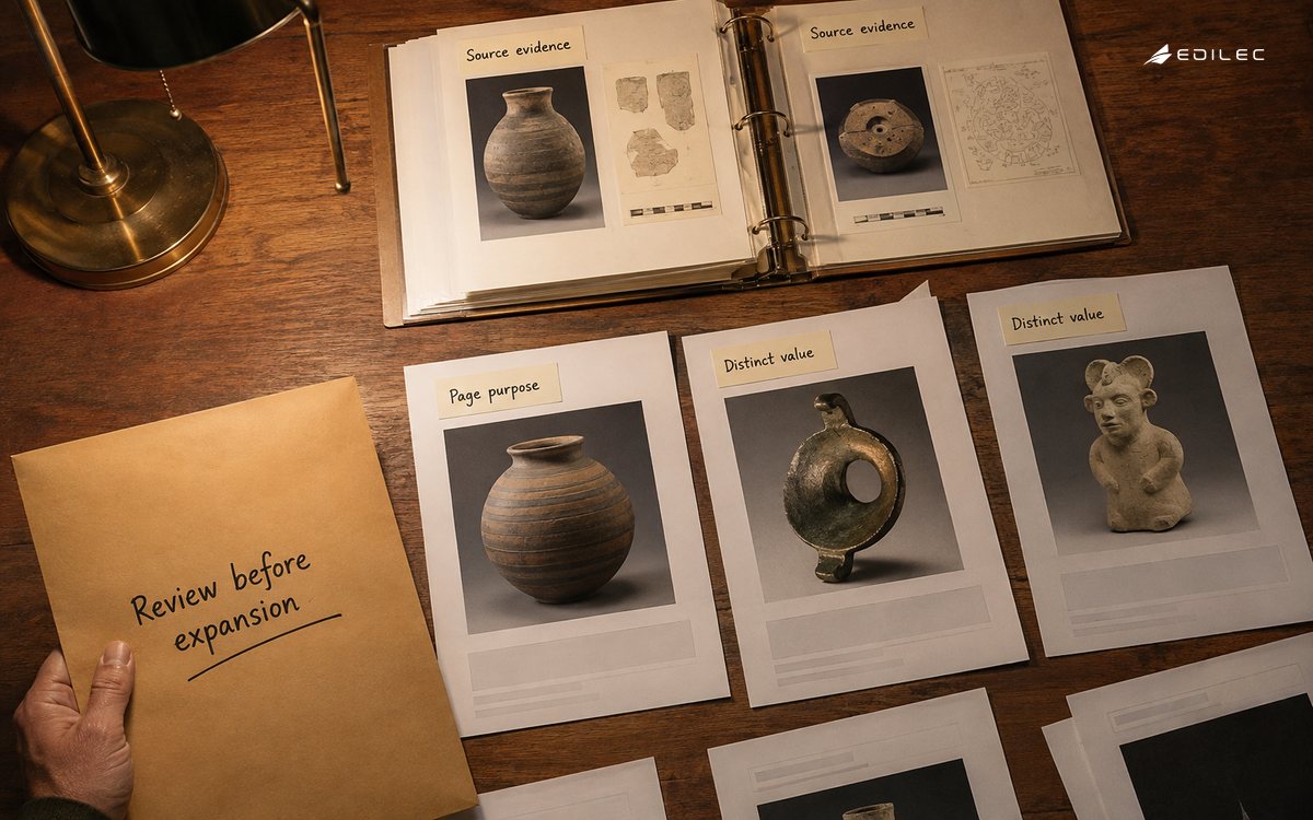A museum publishing desk, sample page prints with visibly different object silhouettes, source binder and a held expansion envelope.