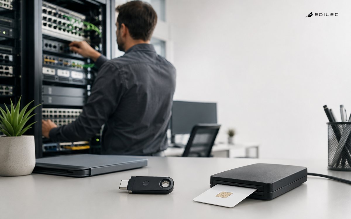 A security engineer checks network equipment behind an unbranded hardware key and smart-card reader.