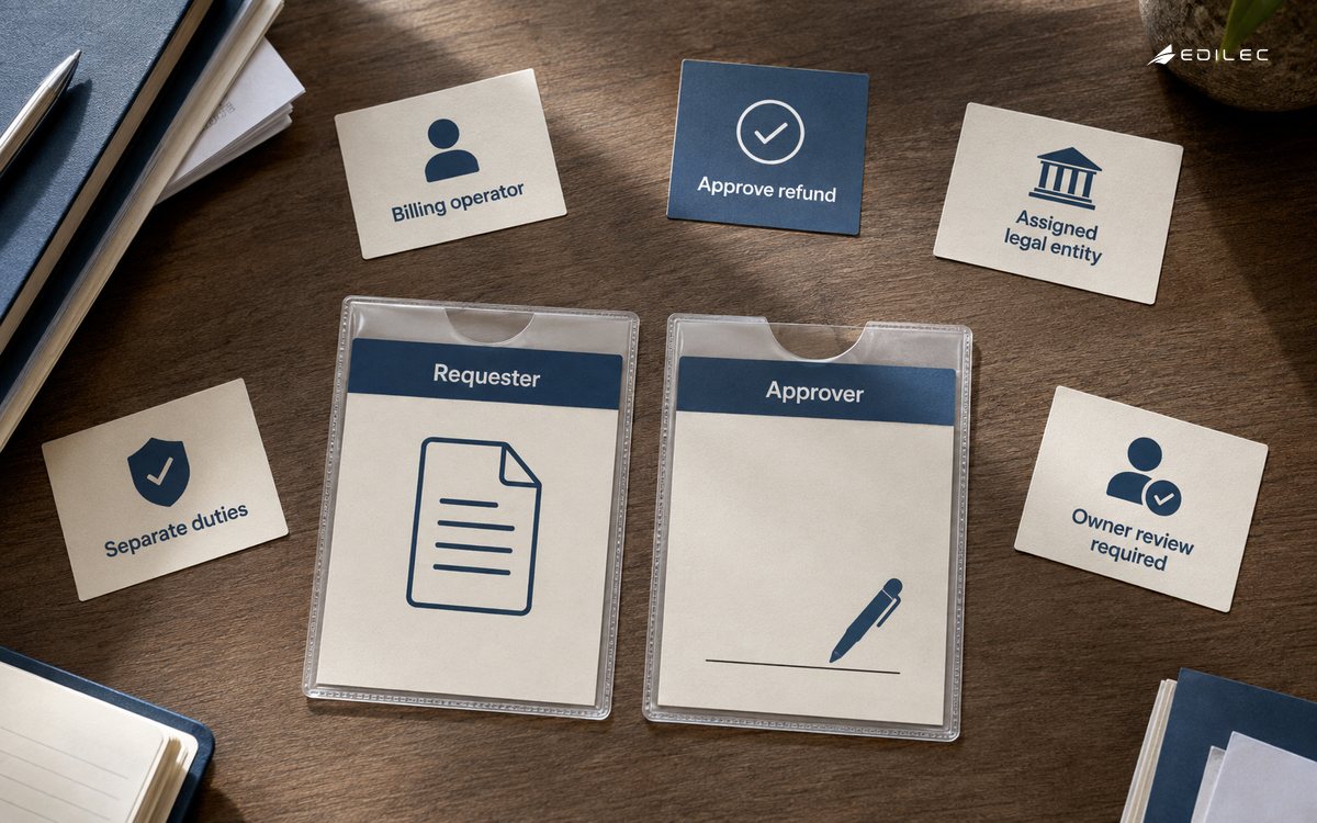 A refund request and approval sleeve remain separate beside role and scope cards.