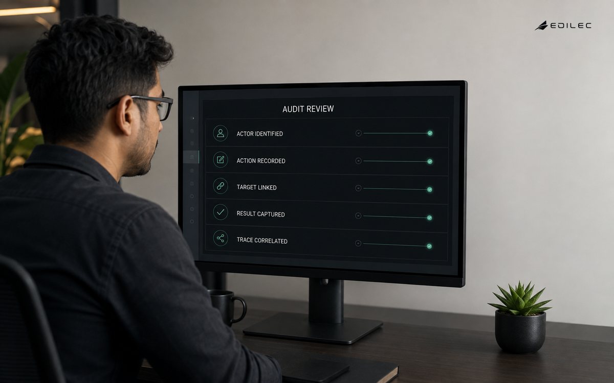 A security engineer reviewing an audit-event interface with actor, action, target, result and trace fields.