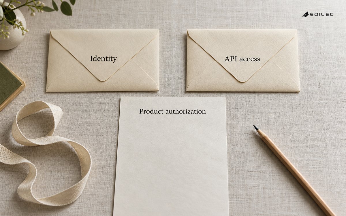 Paper envelopes separate identity from delegated API access beside an independent product-authorization worksheet.